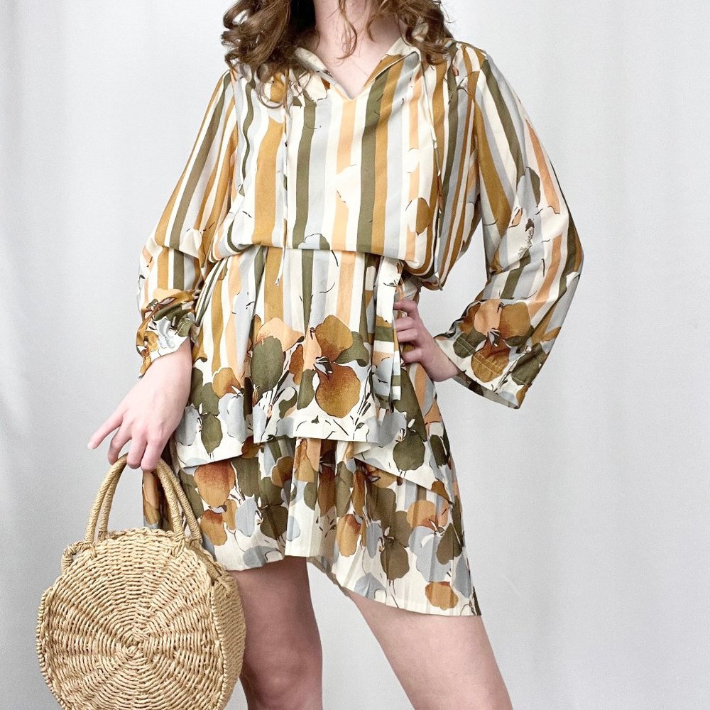 Stunning Vintage Mid Century Modern Pleated Striped Dress Oversized Set 50s 60s - Picture 9 of 10